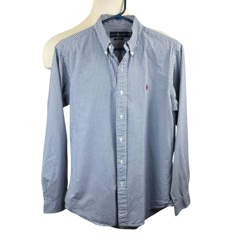 Ralph Lauren‎ Custom Fit Gingham Button Down Shirt Mens Size Medium Blue White
